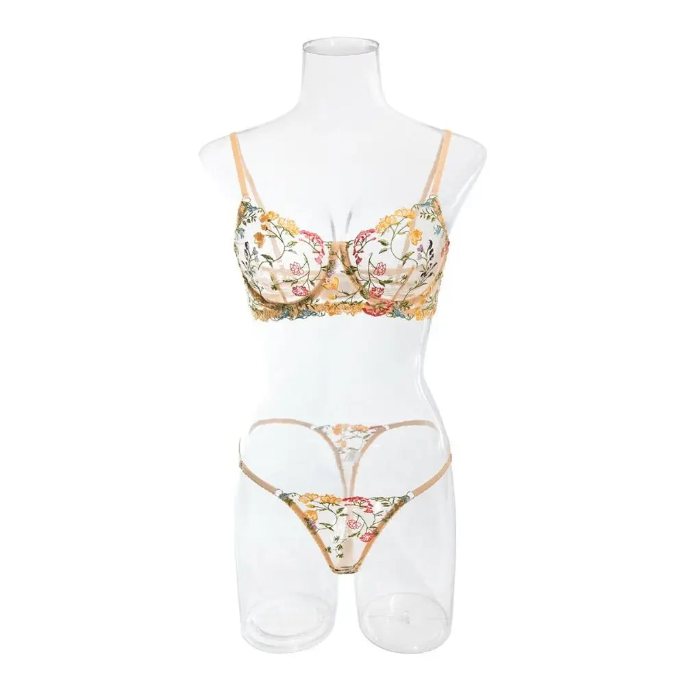 2-Piece Versatile Floral Lingerie Set Embroidery Sheer Boho Bra Panty Set Intimates