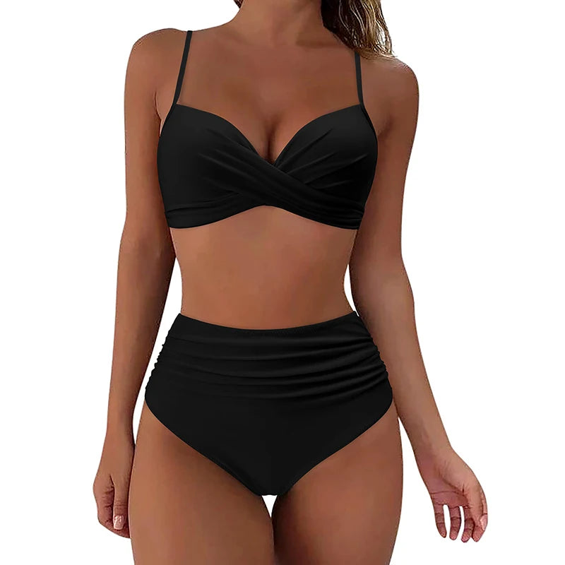 Two Pieces Sexy Swimsuits 2023 Women Bikini Set Beachwear Push Up Solid Summer Bathing Suit Triangle Bikini Swimwear Low Waist black CHINA