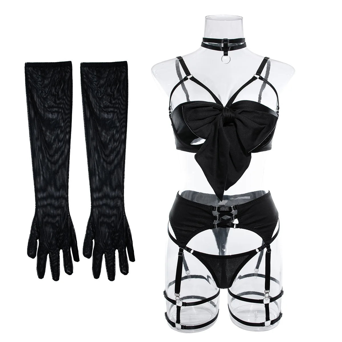 Sexy Hollow Out Bow Decor Lingerie Set Women Solid Exotic Apparel Suit Female Pure Desire Style Underwear with Garter and Gloves