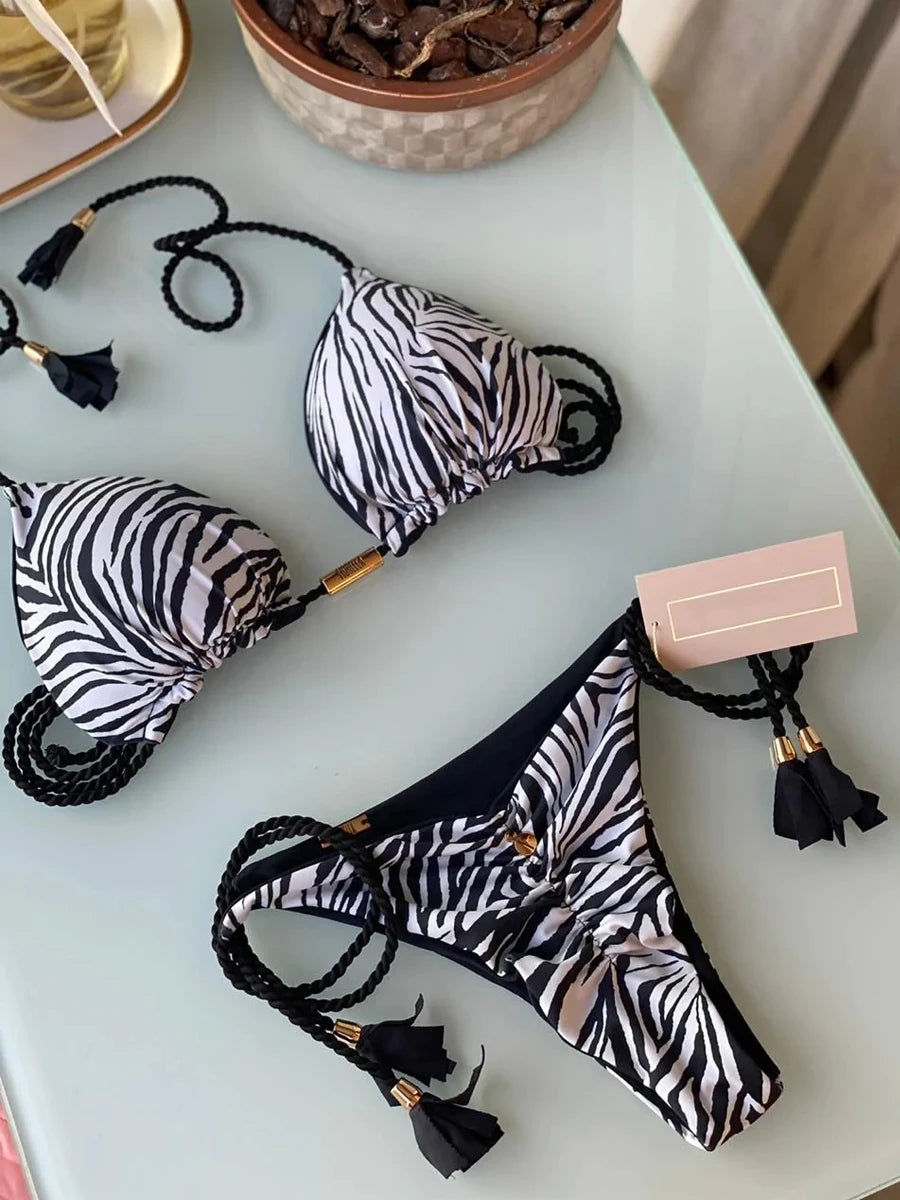 2023 Triangle String Bikini Women Sexy Brazilian Swimsuit Tie Side Thong Swimwear Female Bathing Swimming Suit Summer Beachwear s10Zebra Stripe