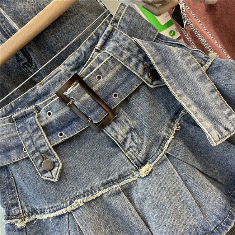 Retro Light Blue Pleated Denim Skirt 2024 Summer Sweet Cool Spicy Girl Belt A-line Half Skirt Fashion High Street Ladies Wear