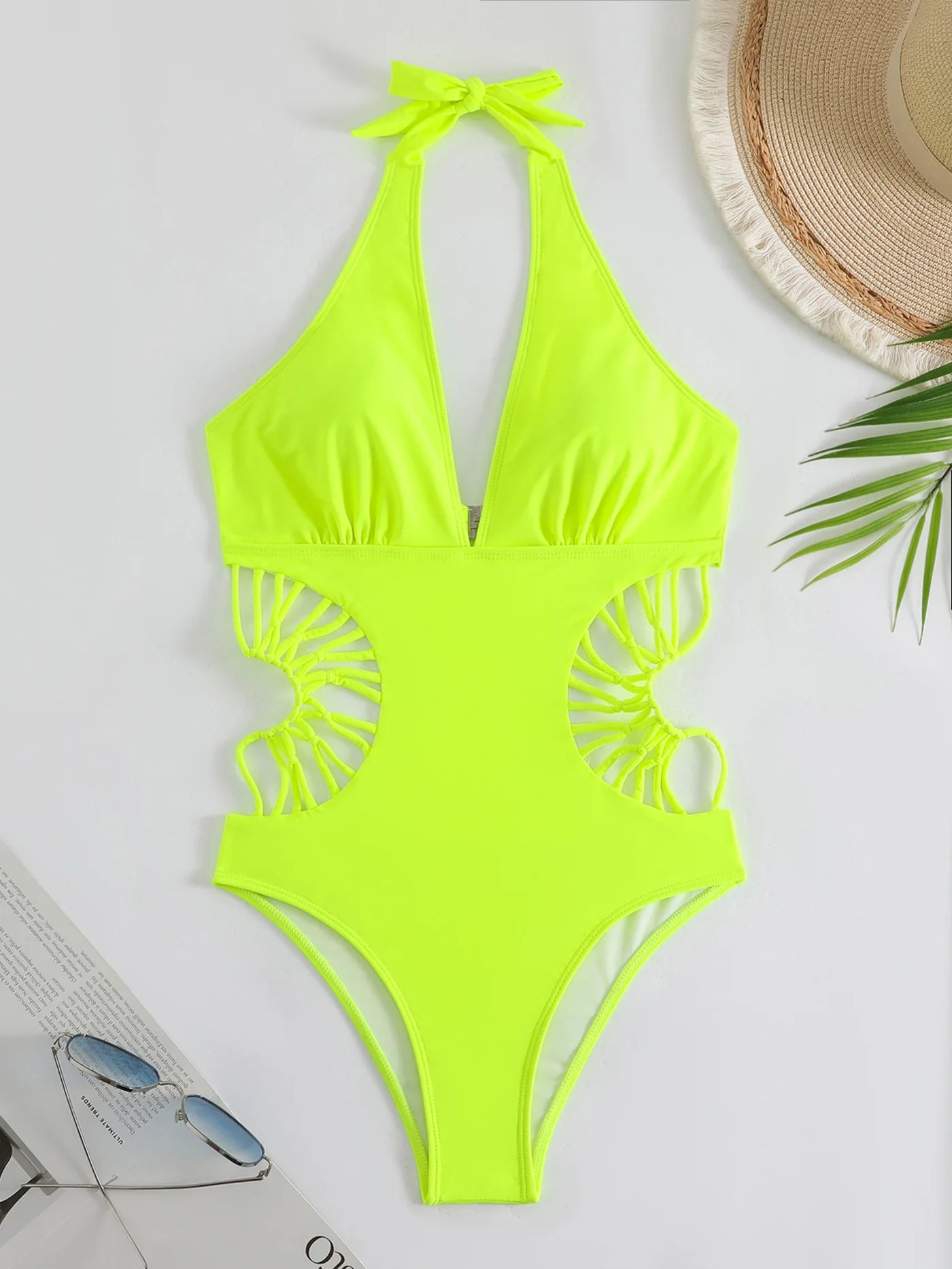 2024 Sexy Women's Cross One Piece Swimsuit Black Cut Out Swimwear Women Bathing Swimming Suit Female Beachwear Outdoor Bodysuit Neon Yellow