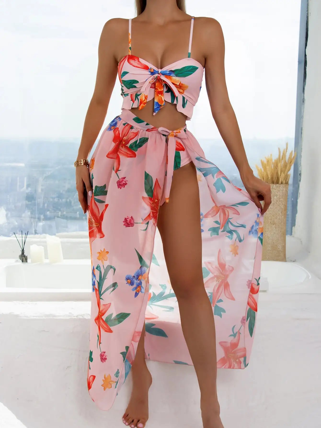 3 Pieces Floral Print Knot Front Bikinis 2024 Women Ruffle Swimwear Female High Waist Swimsuit With Beach Skirt Bathing Suit