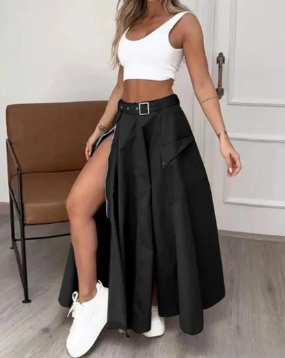 2024 Summer New Fashion Solid Color High Waist Split Casual Commuter Skirt Long Dress black