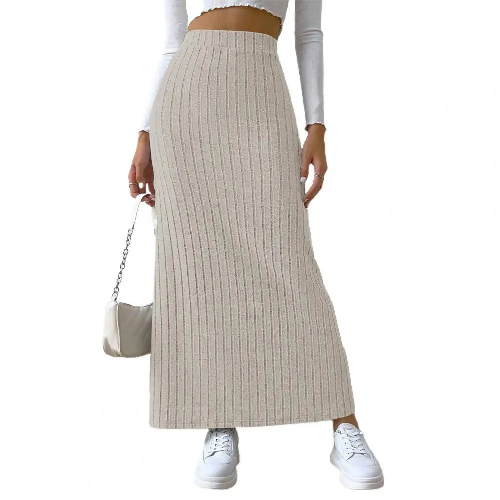 Solid Color Long Skirt Striped High Waist Knitted Maxi Skirt for Women Warm Slim Fit Ankle Length Sheath Skirt with Split Hem Apricot