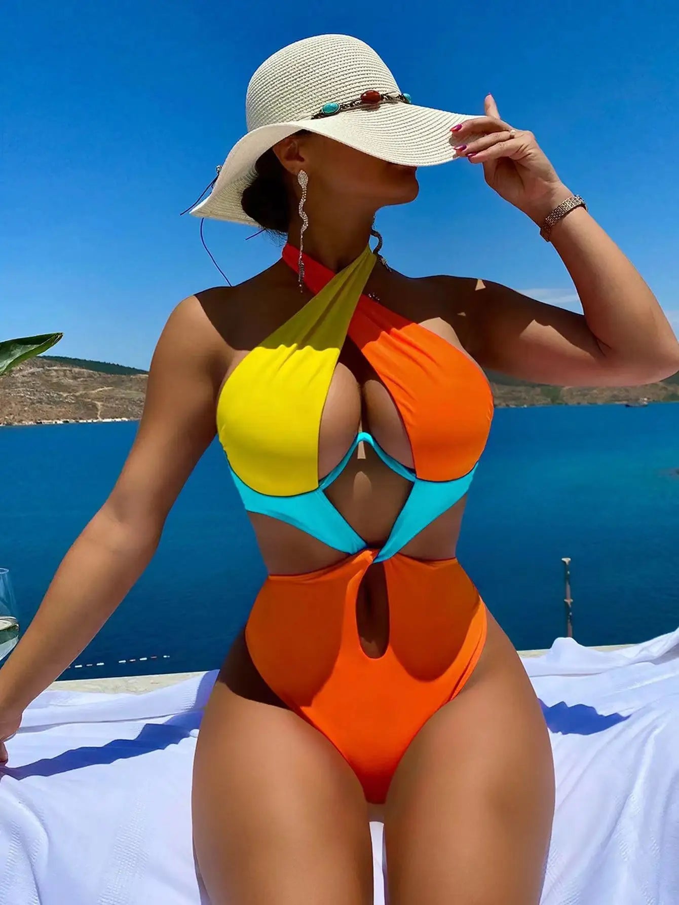 Cikini-Colorblock Cut Out Tie Back Underwire Swimsuit for Women, Summer Beach Swimwear, One Piece Bathing Suit Orange