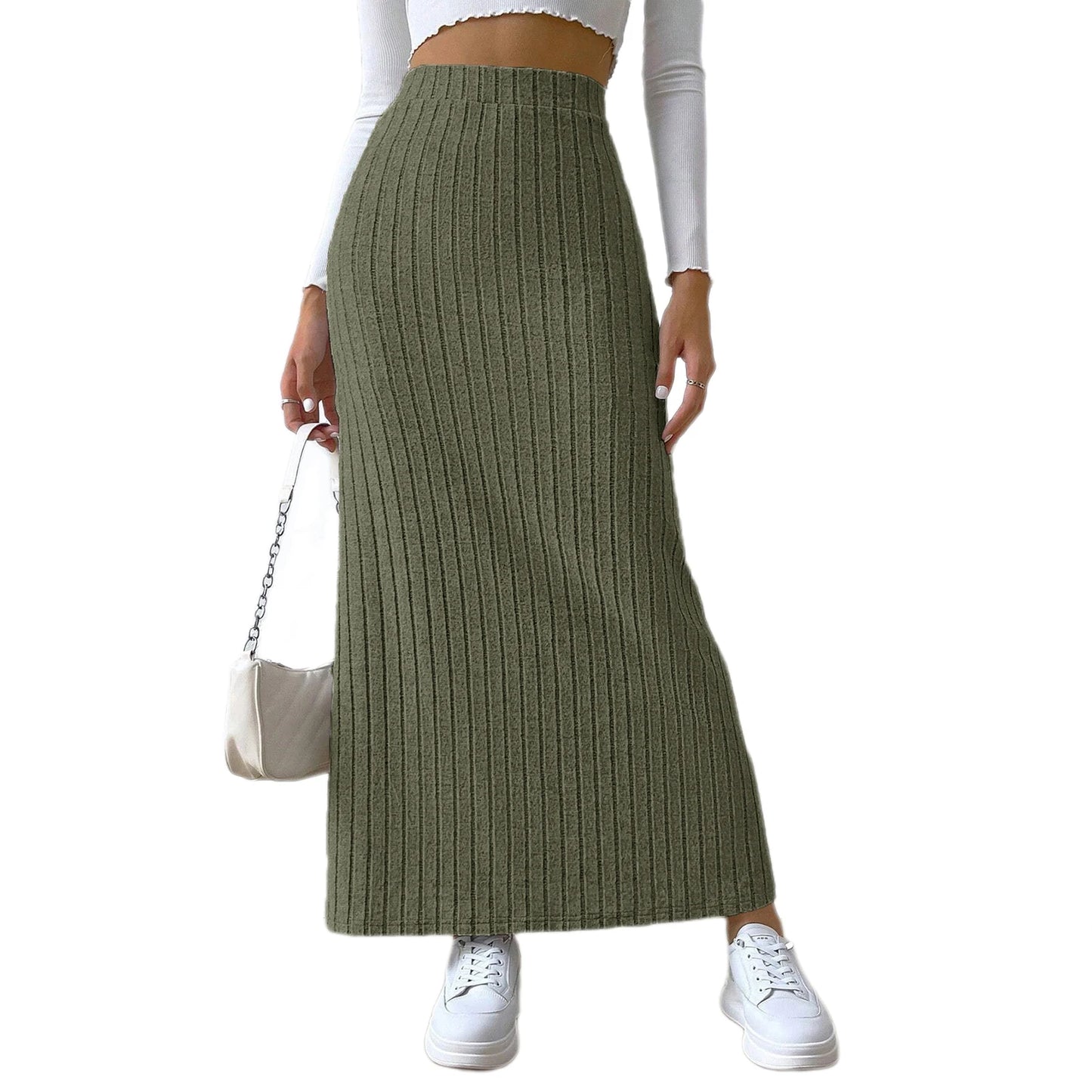 Solid Color Long Skirt Striped High Waist Knitted Maxi Skirt for Women Warm Slim Fit Ankle Length Sheath Skirt with Split Hem army green