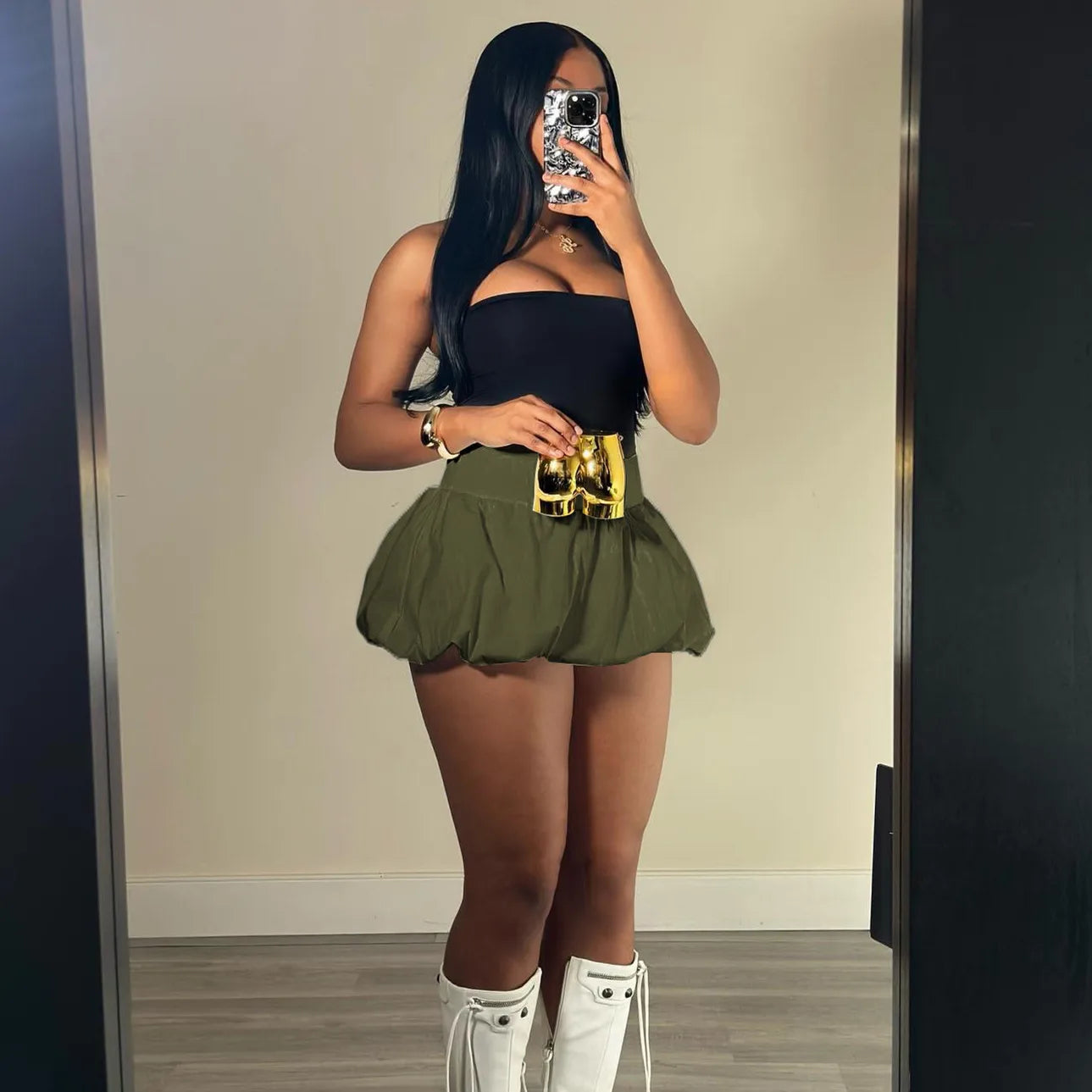 FAGADOER Fashion Solid Bubble Ruched Mini Skirts Women Elastic High Waist Slim Puff Skirts Summer New Female Matching Streetwear olive green Skirt