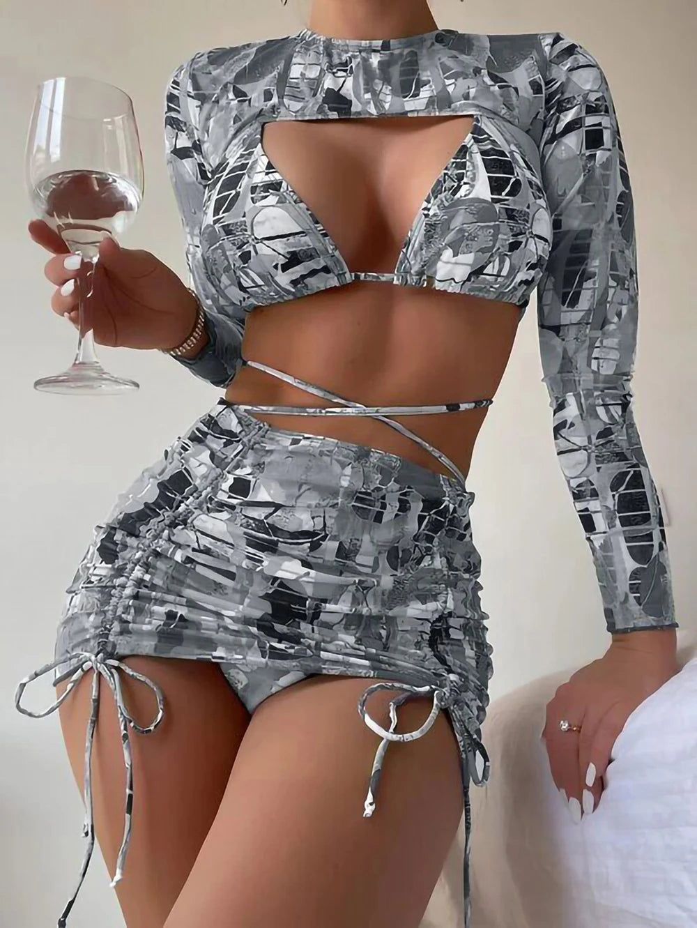 4 Pieces Bikini Set Bandage Long Sleeve Swimwear for Women Sexy High Waist Bikini Swimsuit Drawstring Bathing Suit Beachwear