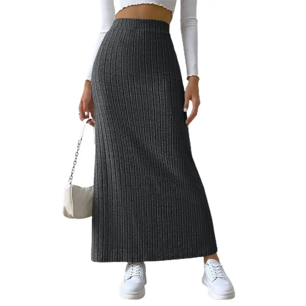 Solid Color Long Skirt Striped High Waist Knitted Maxi Skirt for Women Warm Slim Fit Ankle Length Sheath Skirt with Split Hem Dark Gray