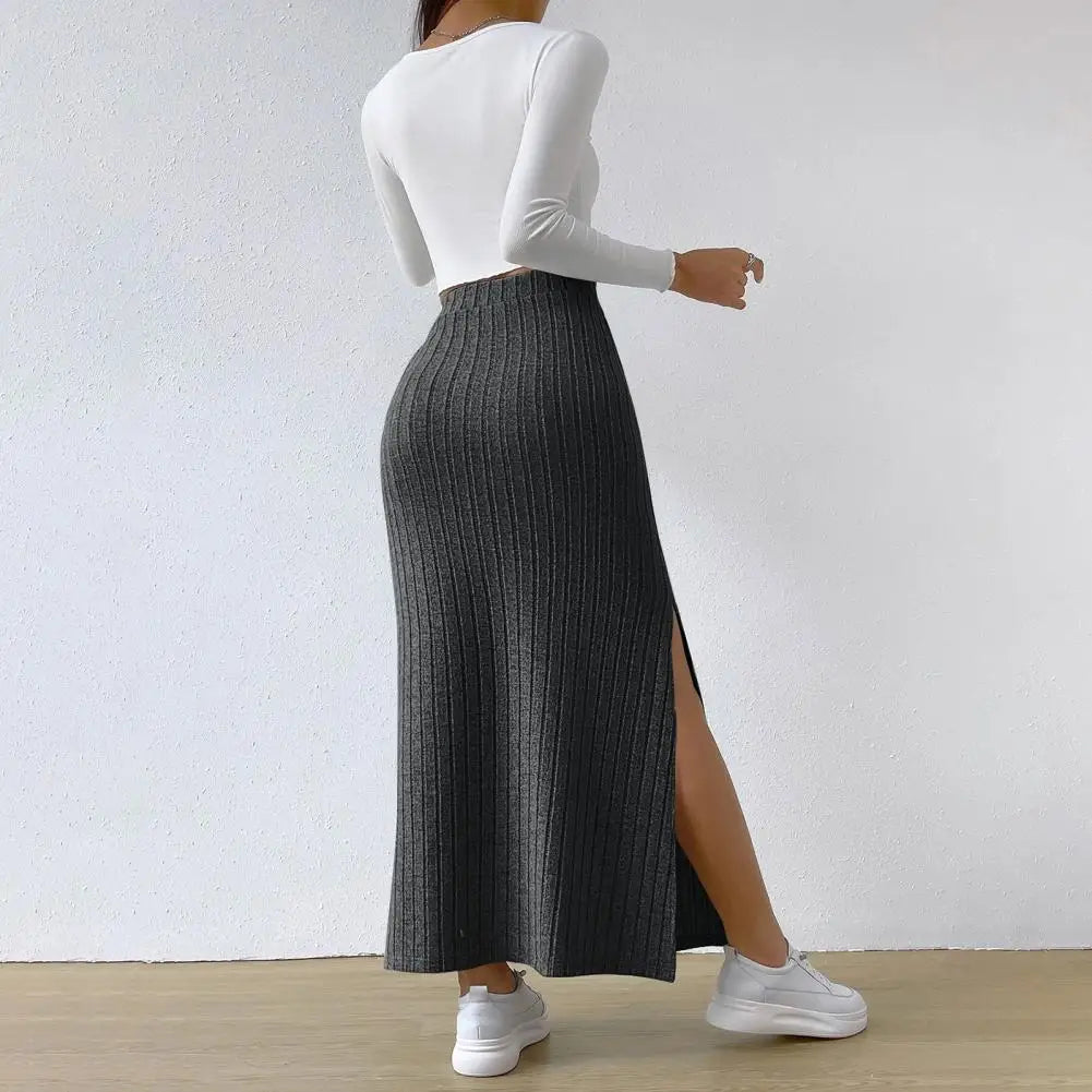 Solid Color Long Skirt Striped High Waist Knitted Maxi Skirt for Women Warm Slim Fit Ankle Length Sheath Skirt with Split Hem