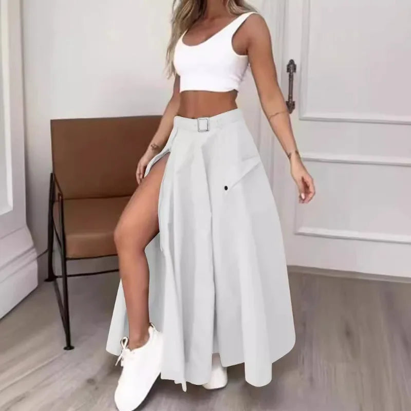 2024 Summer New Fashion Solid Color High Waist Split Casual Commuter Skirt Long Dress