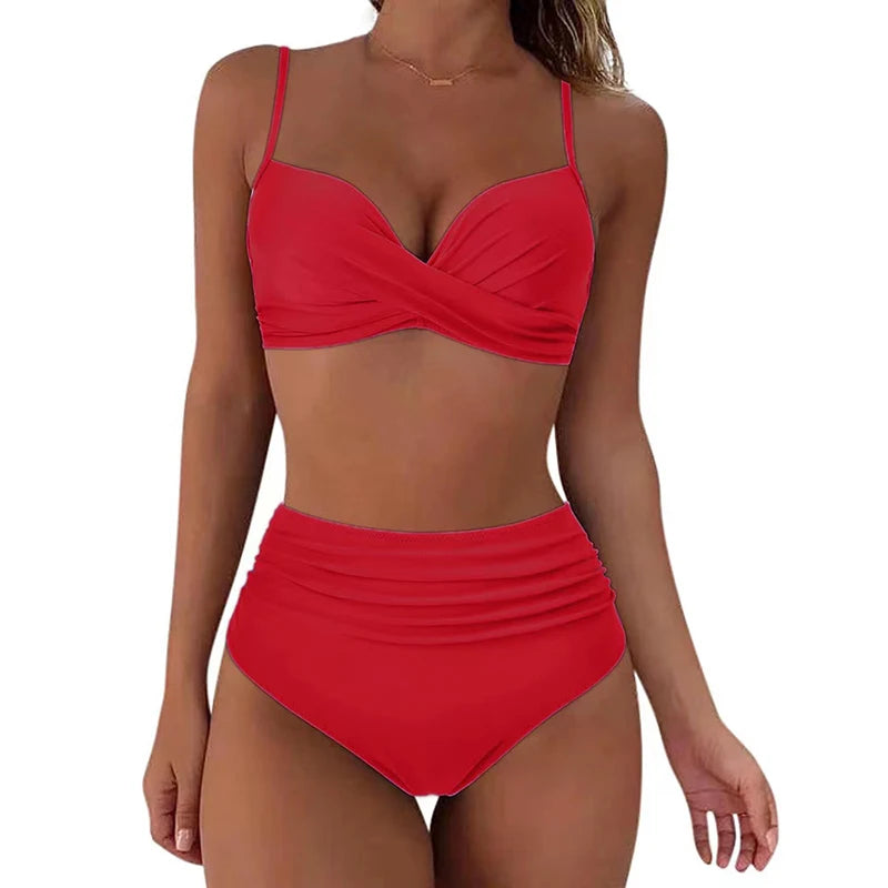 Two Pieces Sexy Swimsuits 2023 Women Bikini Set Beachwear Push Up Solid Summer Bathing Suit Triangle Bikini Swimwear Low Waist red CHINA