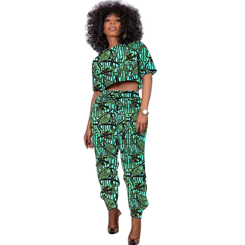 African Print Outfit Summer Women's Set Short Tops With Jogger Pants Casual Female Ankara Clothing 4