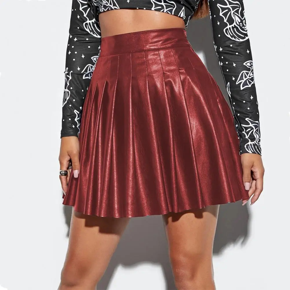 Skirt Chic Faux Leather Pleated Skirts for Women High-waisted A-line Clubwear with Loose Hem Above-knee Length for Parties