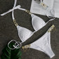 Halter Metal Chains Rhinestone Diamond Bikini Women Swimsuit Female Swimwear Two Pieces Bikini set Brazilian Bathing Suit Swim B093White CHINA