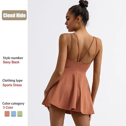 Cloud Hide SEXY Back Sports Dress Pocket Tennis Dresses Women Safe Shorts Gym Golf One Piece Yoga Suit Fitness Dance Long Skirt Red Brown