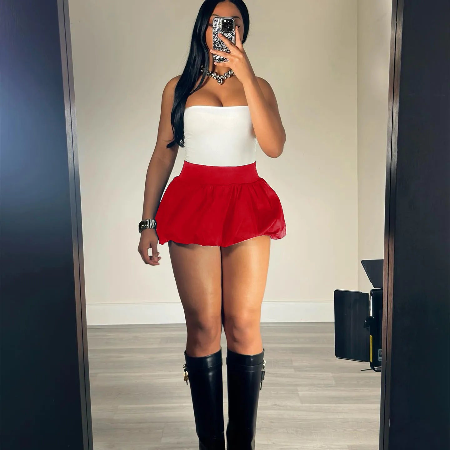 FAGADOER Fashion Solid Bubble Ruched Mini Skirts Women Elastic High Waist Slim Puff Skirts Summer New Female Matching Streetwear red Skirt