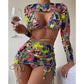 4 Pieces Bikini Set Bandage Long Sleeve Swimwear for Women Sexy High Waist Bikini Swimsuit Drawstring Bathing Suit Beachwear