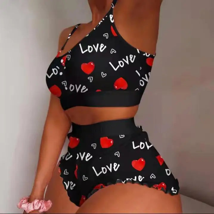 2 Pieces Set Women's Pajama Shorts Suit Multiple Print Underwear Sexy Lingerie Camisoles Tanks Nighty Ladies Loungewear Homewear 3