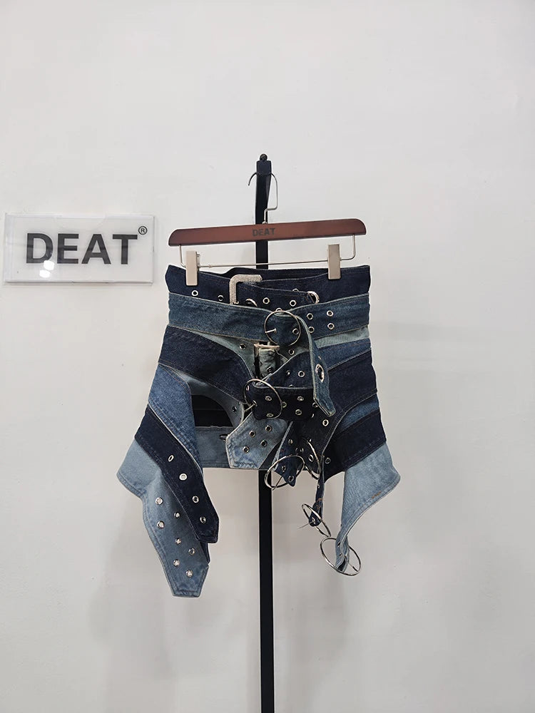 DEAT Fashion Women's Denim Skirt Low Waist Washed Irregular Metal Hole Belt Spliced A-line Skirts Autumn 2024 New Tide 7AB767 one size Picture Color