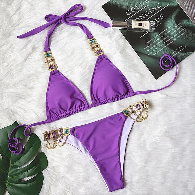 Halter Metal Chains Rhinestone Diamond Bikini Women Swimsuit Female Swimwear Two Pieces Bikini set Brazilian Bathing Suit Swim B093Purple CHINA