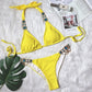 Halter Metal Chains Rhinestone Diamond Bikini Women Swimsuit Female Swimwear Two Pieces Bikini set Brazilian Bathing Suit Swim B093Yellow CHINA