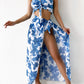 3 Pieces Floral Print Knot Front Bikinis 2024 Women Ruffle Swimwear Female High Waist Swimsuit With Beach Skirt Bathing Suit Blue