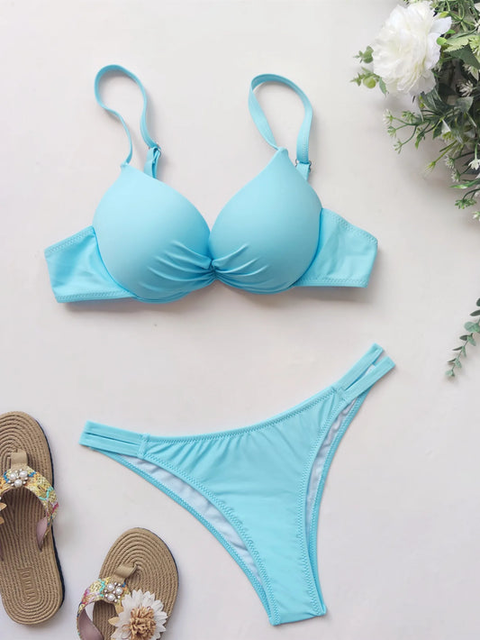 Sexy Push Up High Cut Underwire 2 Piece Bikini SKY BLUE