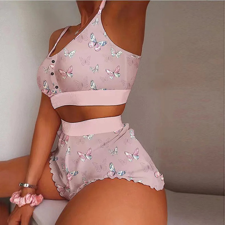 2 Pieces Set Women's Pajama Shorts Suit Multiple Print Underwear Sexy Lingerie Camisoles Tanks Nighty Ladies Loungewear Homewear 2