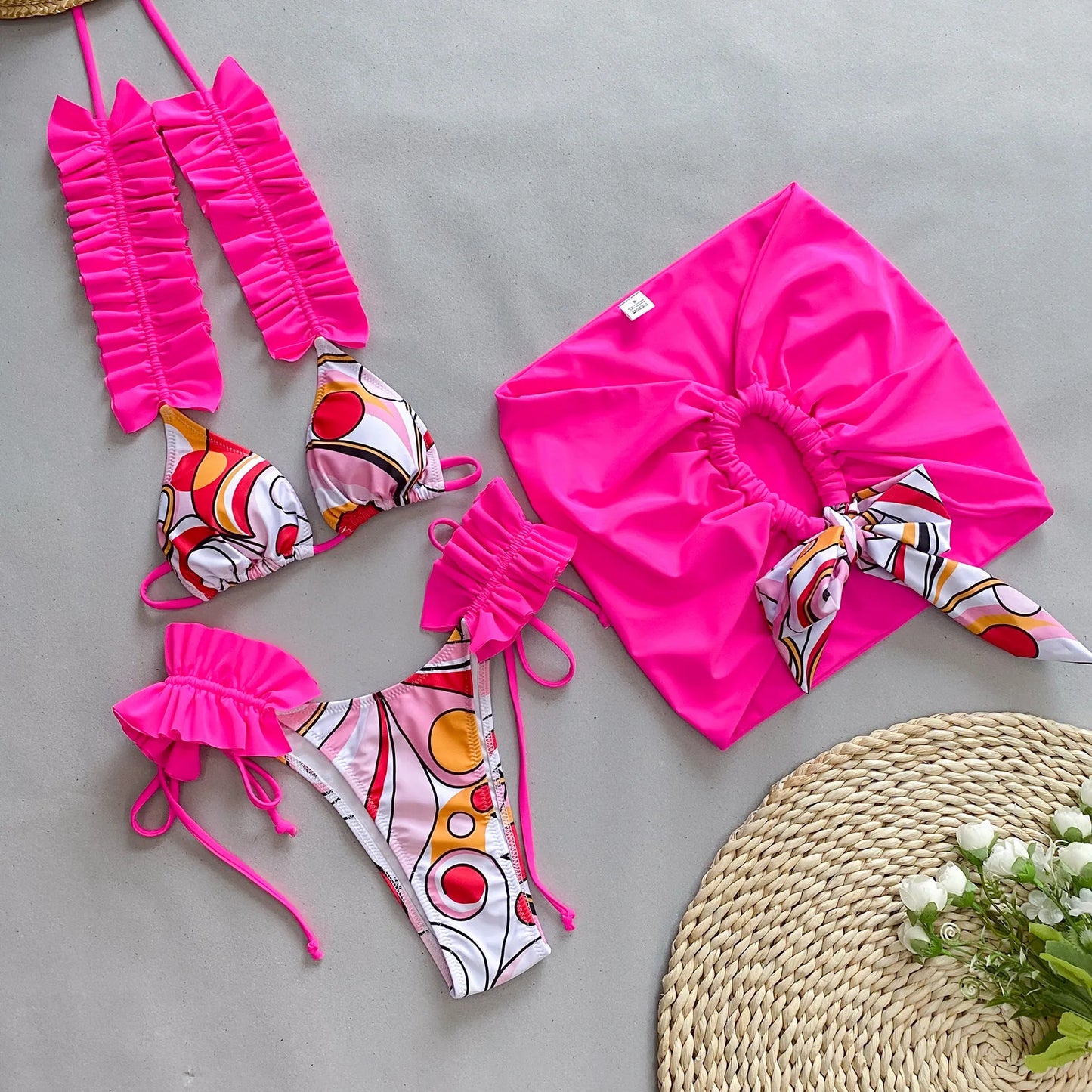 3 Piece Bikini Women Swimsuit 2024 Female Swimwear Ruffle Beachwear Swimming Suit Bathing Suit Bikini Set Skirt Sarong Biquini DJC339402