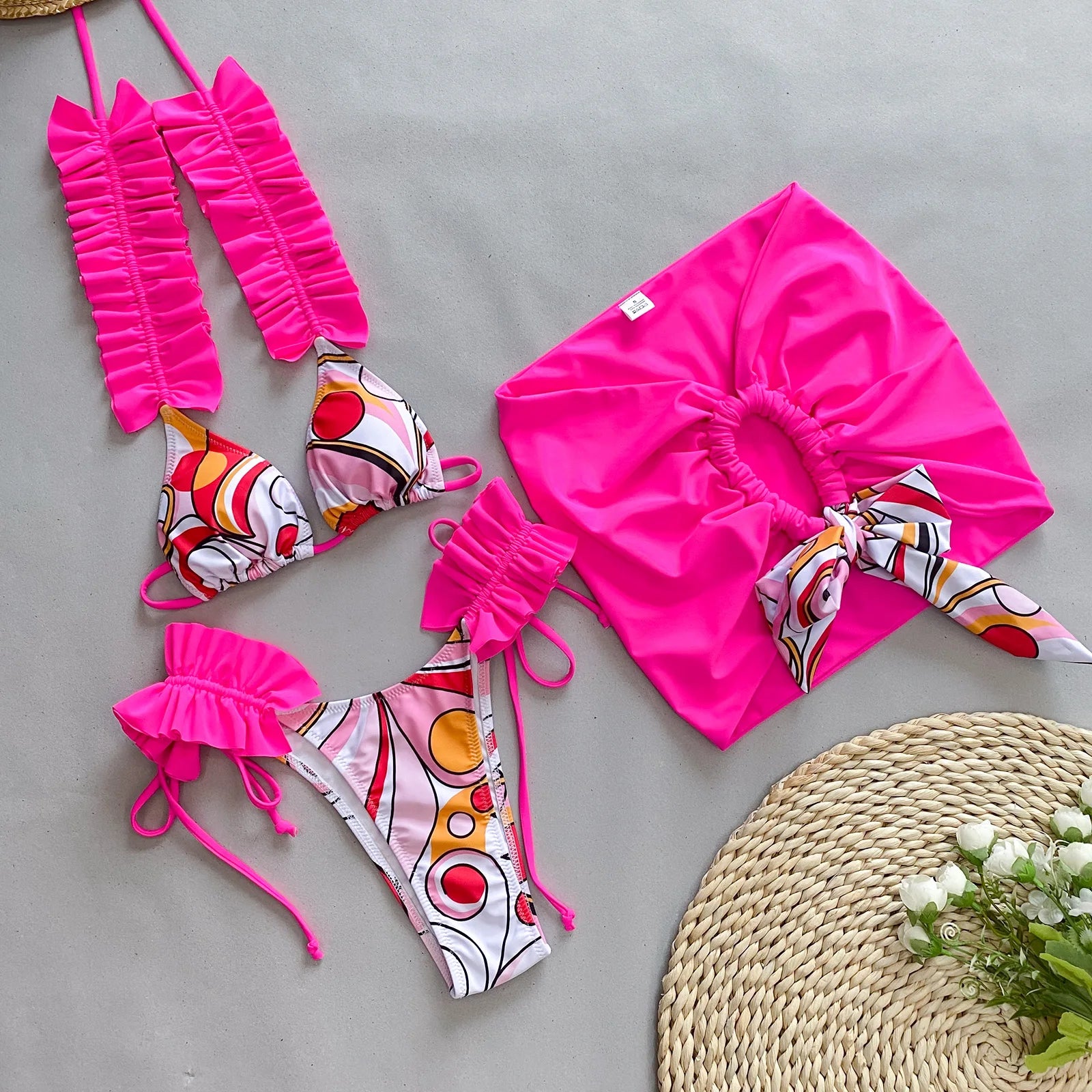 3 Piece Bikini Women Swimsuit 2024 Female Swimwear Ruffle Beachwear Swimming Suit Bathing Suit Bikini Set Skirt Sarong Biquini DJC339402