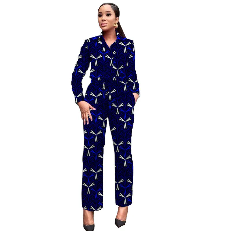 African Wax Print Women Outfits Turn Down Collar Shirts Patch Casual Pants Ankara Fashion Female Dashiki Wear 1 CHINA