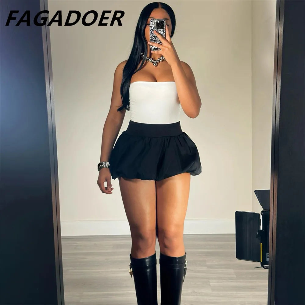 FAGADOER Fashion Solid Bubble Ruched Mini Skirts Women Elastic High Waist Slim Puff Skirts Summer New Female Matching Streetwear