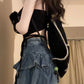 Y2K Vintage Women Korean Pleated Belted Short Denim Mini Skirt Grunge Streetwear High Waist Jeans A-line Denim Skirt Alt Clothes