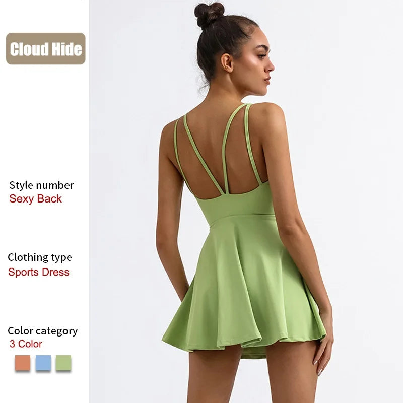 Cloud Hide SEXY Back Sports Dress Pocket Tennis Dresses Women Safe Shorts Gym Golf One Piece Yoga Suit Fitness Dance Long Skirt Apple Green