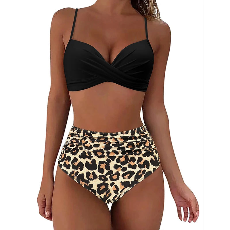 Two Pieces Sexy Swimsuits 2023 Women Bikini Set Beachwear Push Up Solid Summer Bathing Suit Triangle Bikini Swimwear Low Waist leopard CHINA