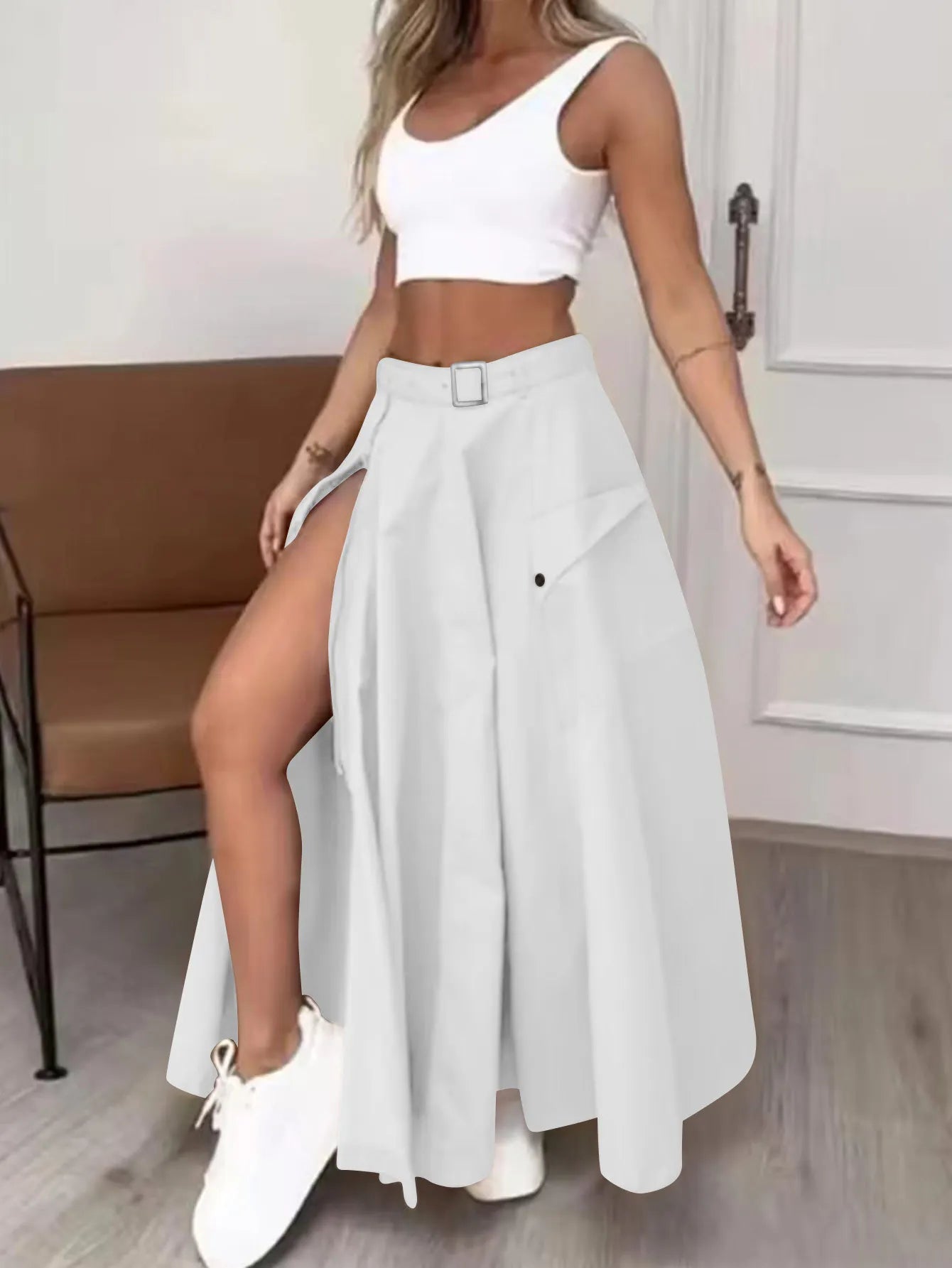 2024 Summer New Fashion Solid Color High Waist Split Casual Commuter Skirt Long Dress WHITE