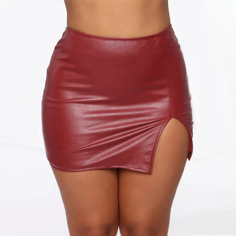 High waist bag hip short skirt nightclub PU leather zipper sexy black leather skirt Claret