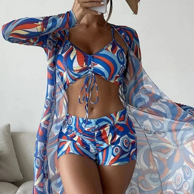 Summer Print Swimsuits Tankini Sets Female Swimwear Push Up For Beach Wear Three-Piece Bathing Suits Pool Women's Swimming Suit A23041303F