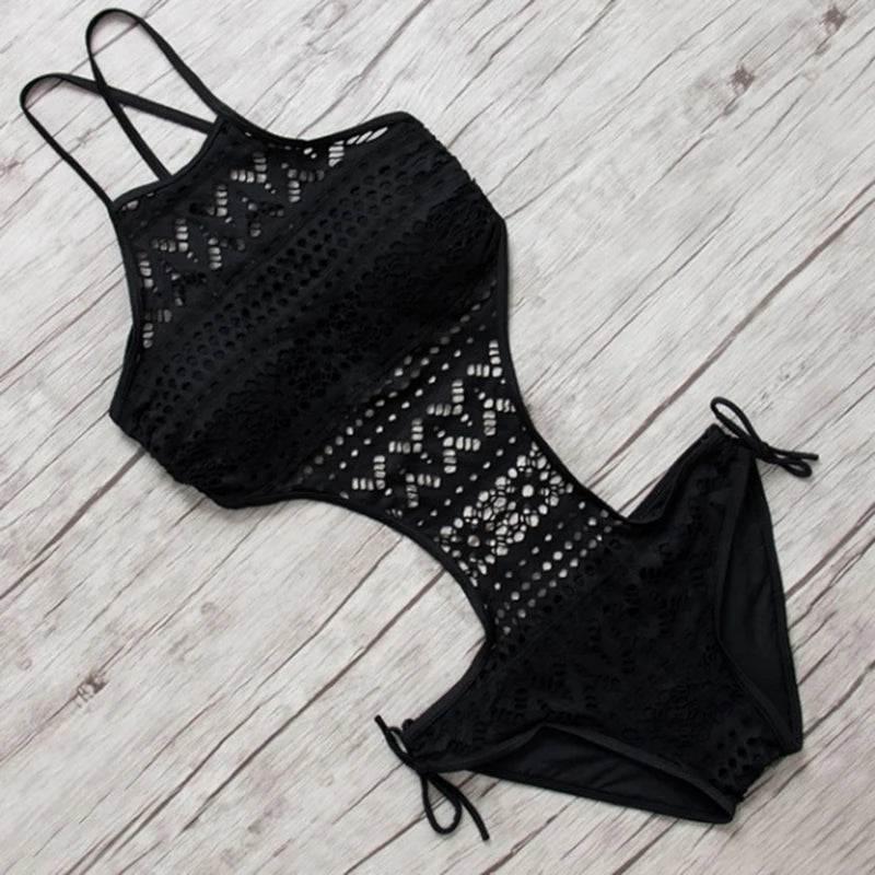 2023 Sexy One Piece Swimsuit Backless Halter Beach Swimwear Crochet Bikini Bathing Suit 2021 Black Swimming Suit For Women Black