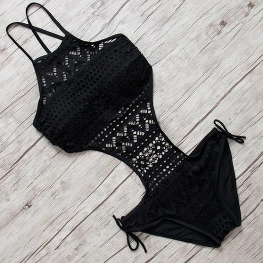 Sexy One Piece Backless Halter Crochet Bikini Black