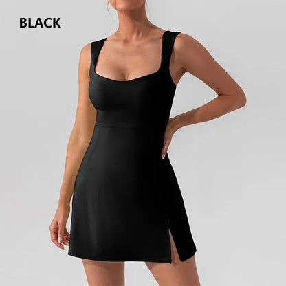 Lady Sexy Halter Tennis Dress Women Breathable Split Yoga Sport Dress Girls Quick Dry Slim Workout Badminton Skirt Casual Skort black