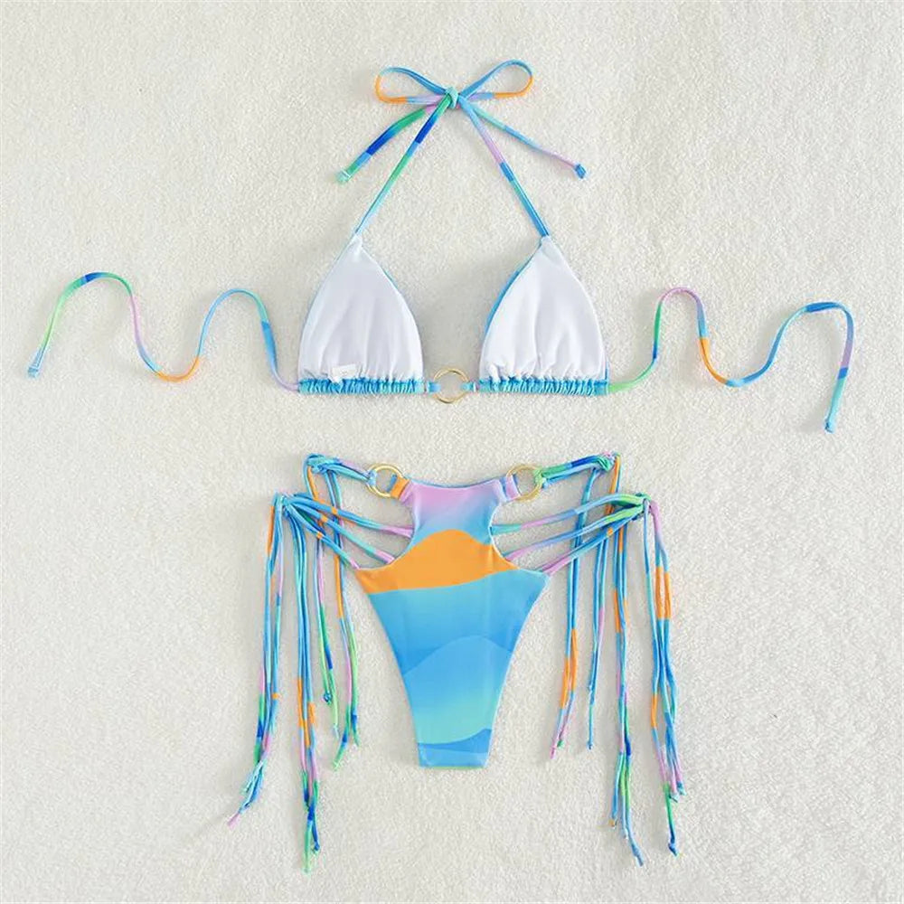 Sexy Gradient Tie Dye Print Micro Thong Bikinis Set Swimsuit String Halter Swimwear Swimming Suit for Women Bikini Mujer Biquini