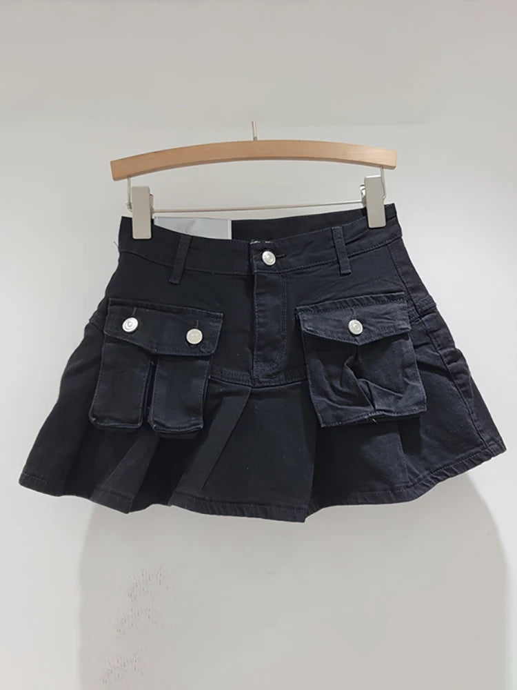 DEAT Women's Denim Skirts Patchwork Asymmetric Pockets Pleated A-line Short Cargo Miniskirt 2024 Summer New Fashion 29L6949 Black