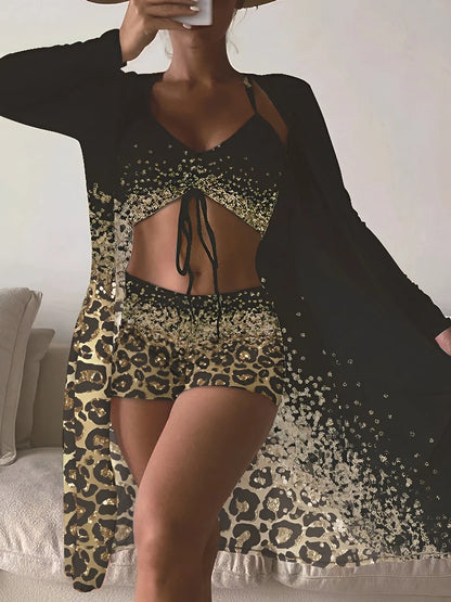 3 Piece High Waist Bikini Printed & Kimono Swimwear Black