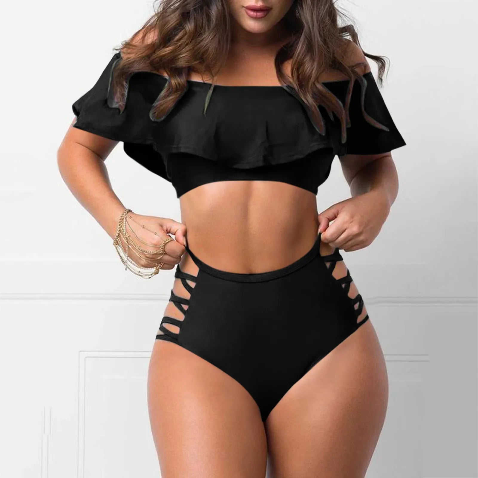 Women Ruffled Bikini Set Swimsuit Female Sexy Fashion Beachwear High Waist Swimwear Two Piece Set Bathing Suit Black