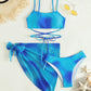 3 Pieces Ombre Lace Up Bikini Swimsuit & Beach Skirt Sexy Swimwear Women 2024 Bathing Swimming Swim Suit Female Summer Beachwear Blue