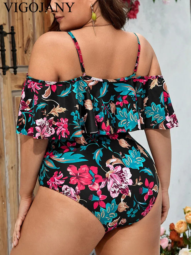 VigoJany 2024 Print Strapped Plus Size Swimwear Women Verge Push Up Large One Piece Swimsuit Beach Chubby Big Bathing Suit