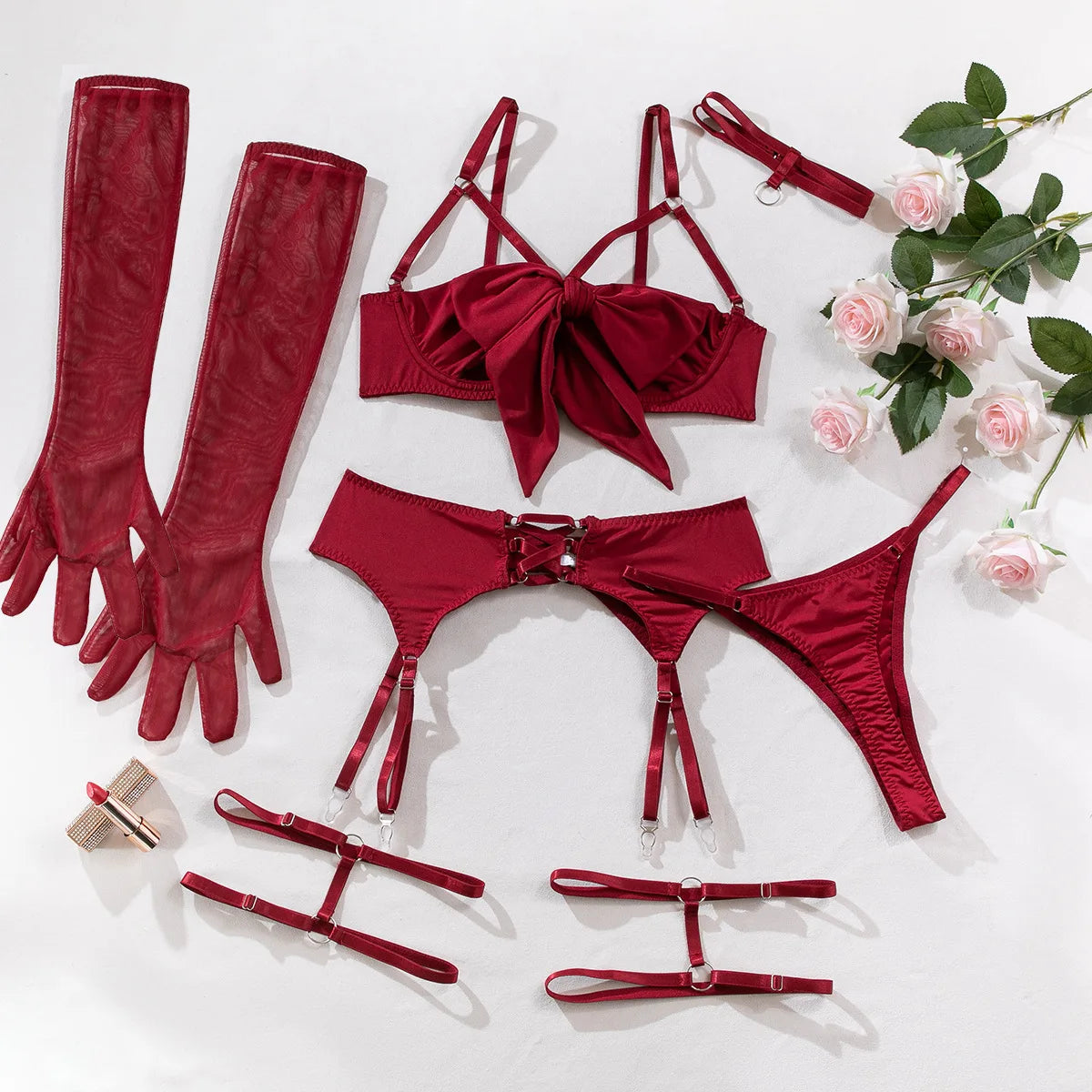 sexy lingerie set Bow bra Black Temptation Bra Set Belt Hollowed Out Gathering Four Piece underwear women Set Erotic Sleepwear Wine Red CHINA